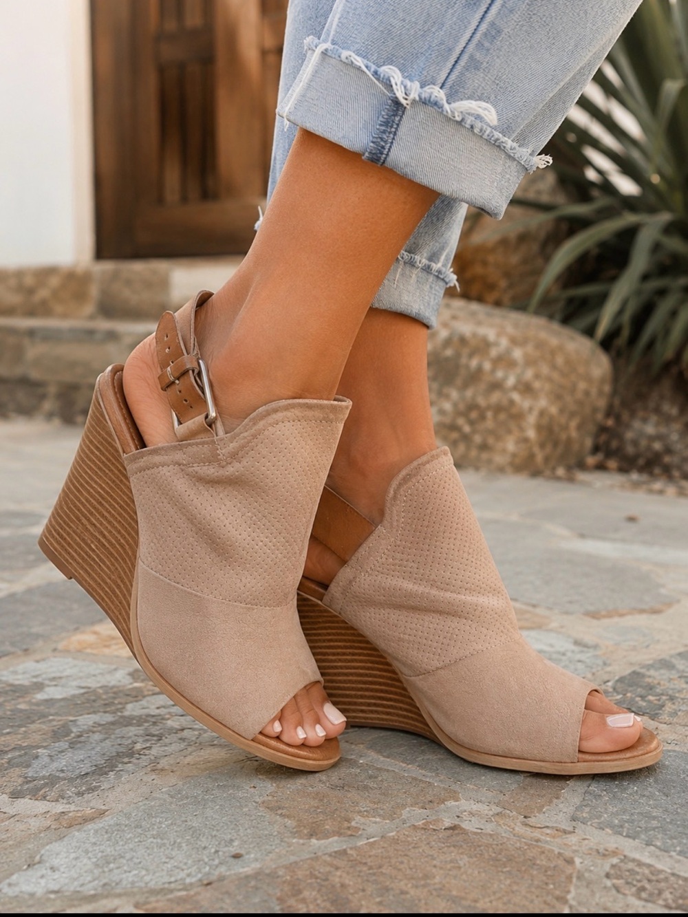Miz Mooz Taupe Suede Perforated Wedge Sandals with Buckle Strap
